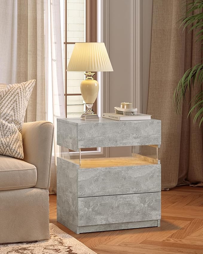 Bingoday LED Nightstands Set of 2 LED Bedside Tables with 3 Drawers Modern Night Stand with Acrylic Board Night Stand Set 2 for Bedroom