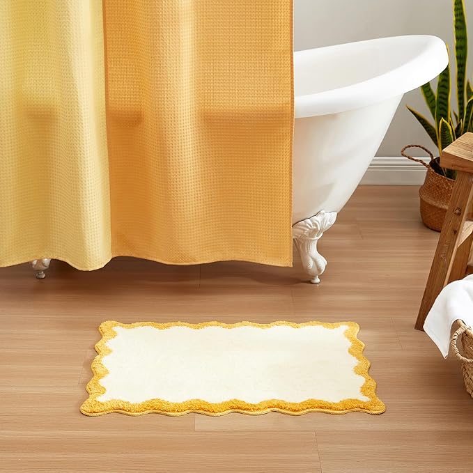 MONDAY MOOSE Bath Mat with Scalloped Wavy Ripple Design, Microfiber Absorbent Non Slip Tufted Rug for Floor, Shower or Kitchen (16x24 inch, Yellow)