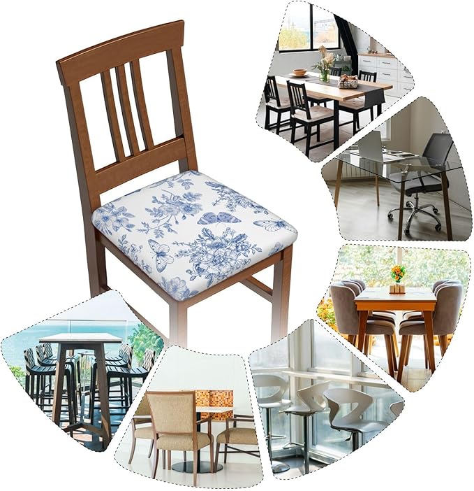 Seat Covers for Dining Room Chairsset of Set of 4, Blue White Floral Butterfly Flower French Stretch Chair Seat Covers Cushion Slipcovers for Kitchen Office