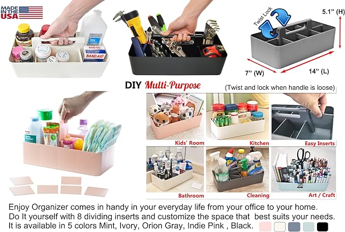 2 PACK Portable DIY 8 Dividers Durable Plastic Tote Tool & Supply Cleaning Caddy with Handle Made In USA (Royal Purple)