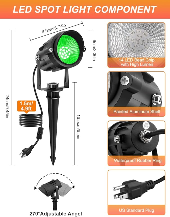 Halloween Green Landscape Lights Outdoor, 14 LED Landscape Lighting with US Plug, IP65 Waterproof Spotlights for Tree Yard Garden Pathway St. Patrick's Day Christmas Decor 4 Pack
