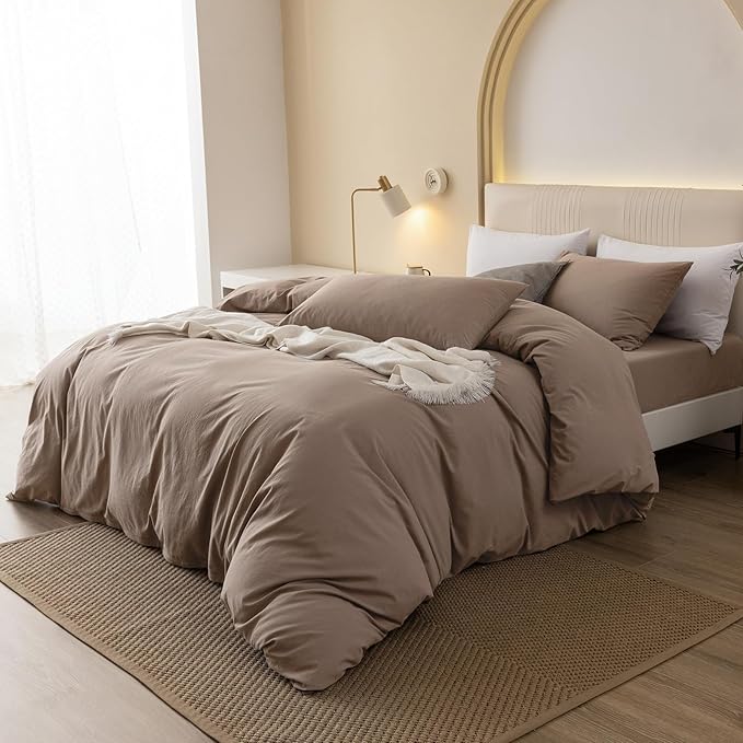 JIYUAN 100% Washed Cotton Duvet Cover Set 3 Pieces Cal King, 1 Duvet Cover 104x98 Inches(Comforter Not Included) and 2 Pillowcases,Linen Feel Bedding Set Comfy and Breathable,Light Brown