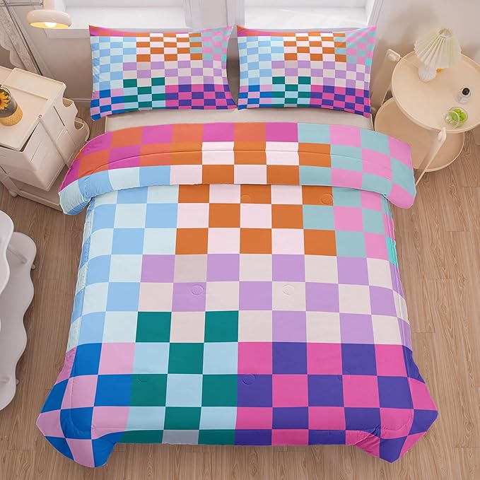Tailor Shop Plaid Comforter Sets Queen Bedding Set Women Men Checkerboard Grid Bedding Boys Girls Checkered Geometric Room Decor with 2 Pillowcases