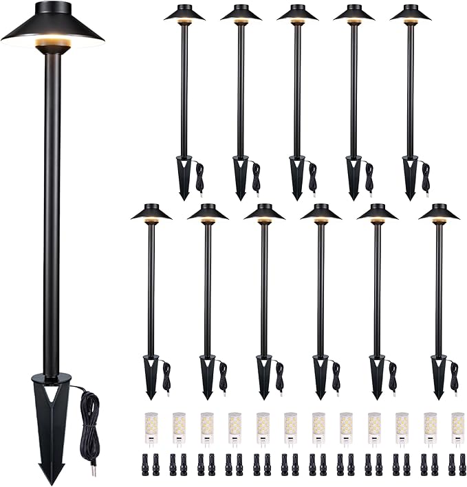 Low Voltage Landscape Path Light Solid Brass, 3 Color Temp Selectable LED Driveway Light Waterproof, Hat Shaped 12V Wired Black for Walkway Garden with 3W 270LM G4 Bulb (12 Pack)