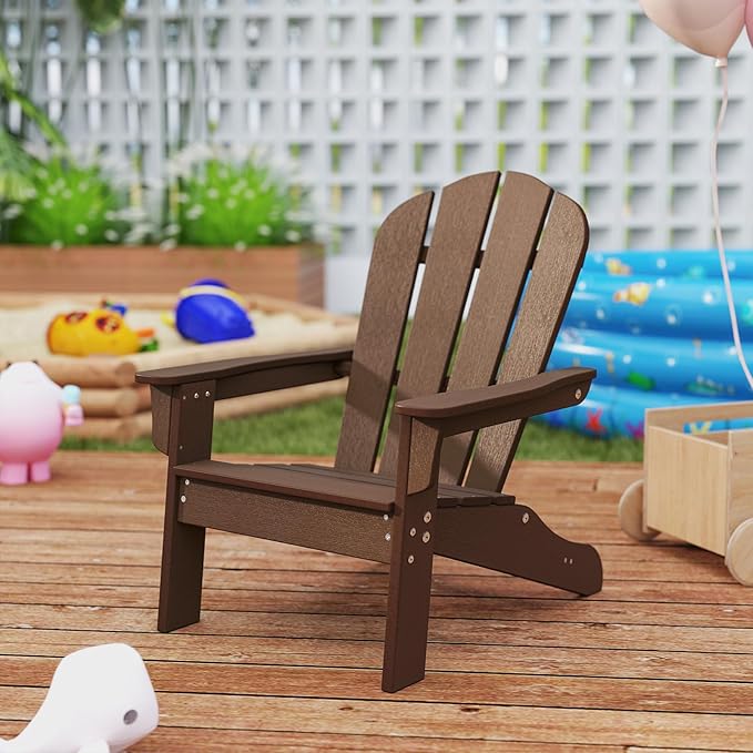 Giantex HDPE Kids Adirondack Chair - All-Weather Lawn Toddler Chair with Ergonomic Design, Children’s Outdoor Chair for Toddlers Ages 3-8, Kid’s Patio Furniture for Deck, Garden (1, Brown)