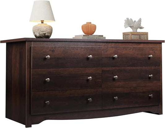 WLIVE Dresser for Bedroom, 59” Wide Chest of Drawers with 6 Drawer, Wood Long Nightstand with Drawers, Modern Large Storage Tower Unit, Closet Store Organizer for Living Room, Hallway, Brown