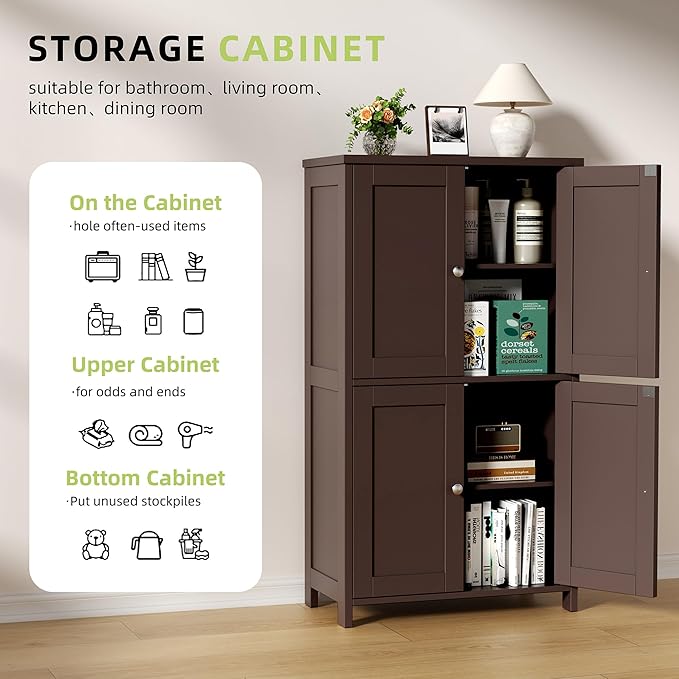 Vongrasig Bathroom Floor Storage Cabinet, Modern Storage Unit with 4 Doors and Adjustable Shelves, Freestanding Sideboard Cabinet for Bathroom, Kitchen, Living Room, Reddish Brown