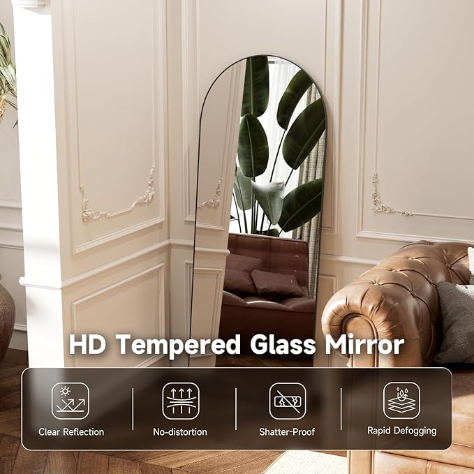 Arched Full Length Mirror 58"x19", Black Tempered Glass Wall Hanging Mounted Body Length Mirrors with Stand, Large Floor Aluminum Alloy Thin Frame