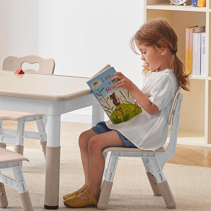 Kids Table and 2 Chairs Set, Height-Adjustable Toddler Table and Chair Set with Graffiti Desktop, 31.5''L x 23.6''W Children Activity Table for Daycare, Classroom, Home