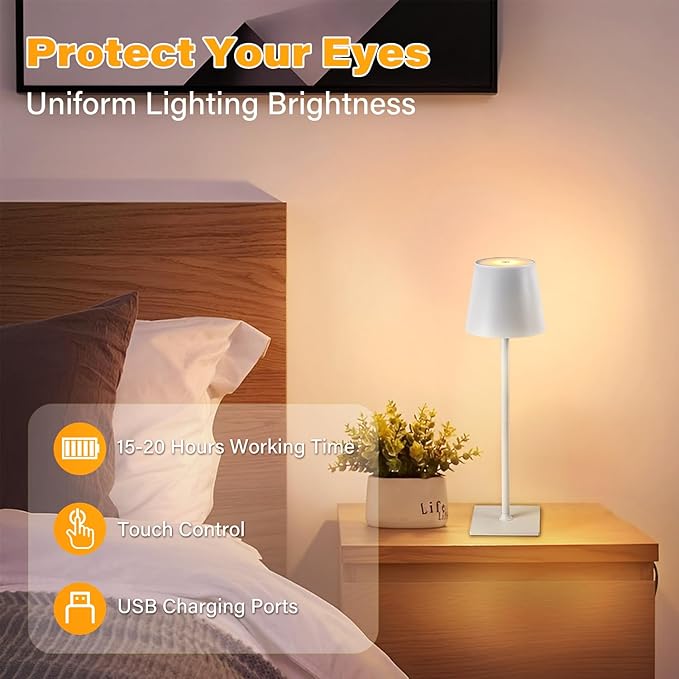 Cordless Table Lamps, 3 Colors Stepless Dimming, 5000mAh Rechargeable Battery LED Desk Lamp for Bedroom/Couple Dinner/Desk/Cafe/Dining Room/Terrace (White - 2 Pack)