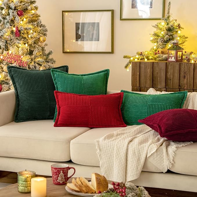 MIULEE Christmas Decorative Euro Sham Throw Pillow Covers for Couch Bed Livingroom 24x24 Inch Set of 2 Burgundy Boho Accent Throw Pllows Broadside Striped Patchwork Soft Corduroy Pillowcases