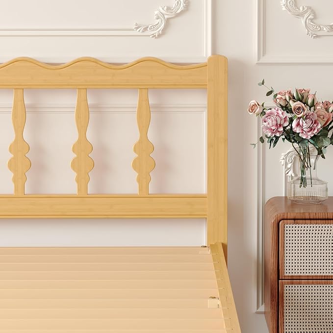 Bamboo Queen Bed Frame with Headboard, 14 inch Solid Wood Platform Bed Frames Queen Size with Metal Slats, No Box Spring Needed, Easy Assembly, Noise Free