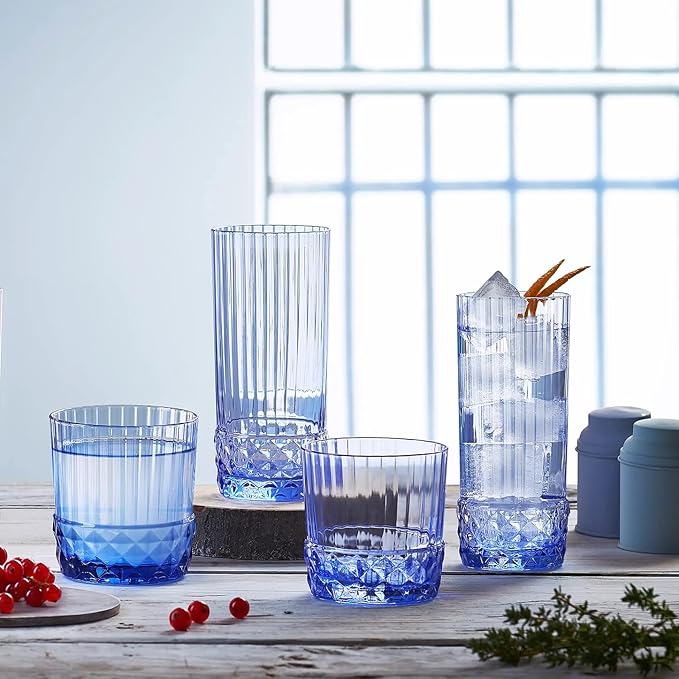 Bormioli Rocco America '20s Set Of 6 Cooler Glasses, 16.5 Oz. Colored Crystal Glass, Sapphire Blue, Made in Italy.