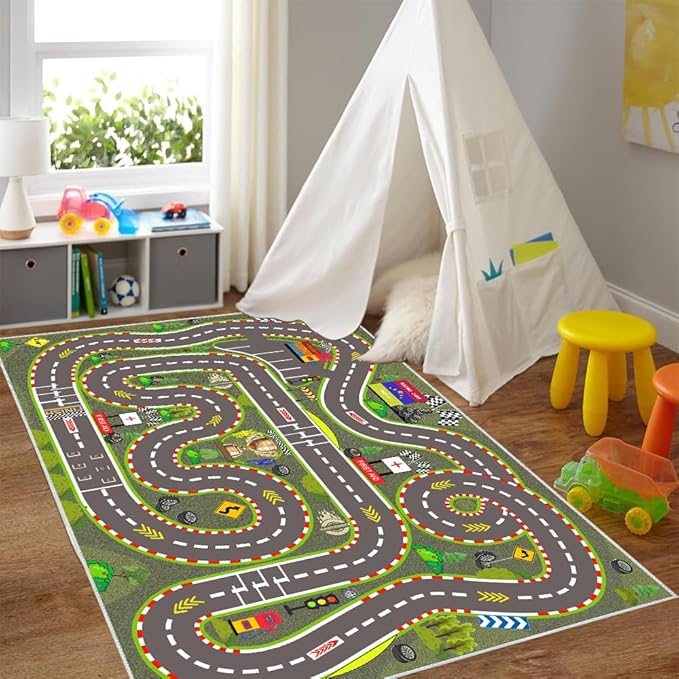 Kids Rug, Race Track Playmat Rugs 59×39 in Kids Carpet with Rubber Backing, Start and Finish line Racing Track Marking Car Road Race 3D Play Mat Nursery Rugs for Children Bedroom Playroom