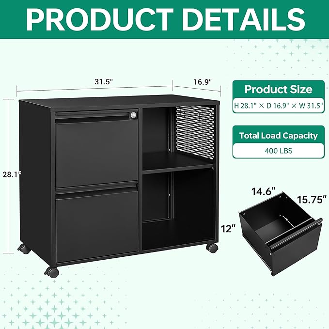 Letaya Mobile File Cabinet, Metal Lateral Rolling Printer Stand Filing Cabinets with Shelves for Home Office-Storage A4/F4/Letter (Black)