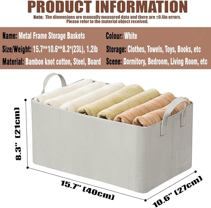 AARAINBOW 4 Pcs Closet Clothes Organizer with Handle, Fabric Storage Box with Steel Frame Stackable Shelf Storage Baskets Foldable Fabric Storage Baskets for Organizing Clothes Toys, 23L (B 4 White)