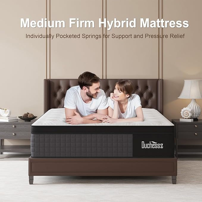 Queen Mattress 14 Inch, Medium Mattresses Hybrid with Gel Memory Foam and Individually Pocket Innerspring Euro Top for Motion Isolation, Edge Support, 100 Night Trial Black & White