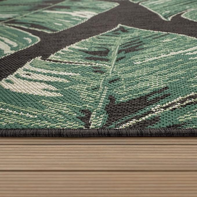 Tropical Outdoor Rug Jungle Leaves Design for Patio in Black Green, Size: 3'11" x 5'7"