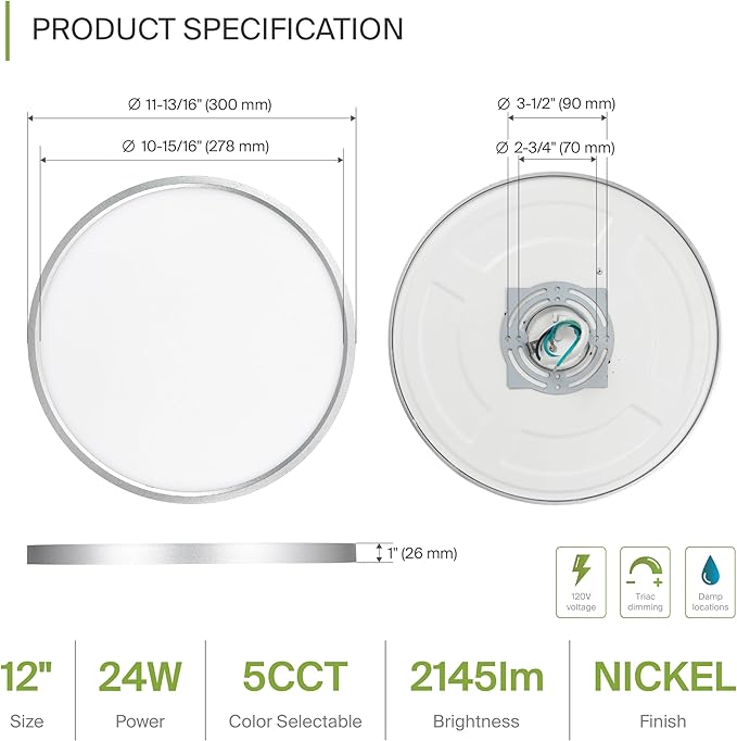 ASD LED 12" Round Flush Mount Ceiling Light Fixture, Low Profile Surface Lighting | 5CCT, Dimmable, Ultra-Thin, ETL Listed | 24W 1900LM 2700-6000K 120V | Kitchen, Hallway Lamp | Nickel, 12 Pack