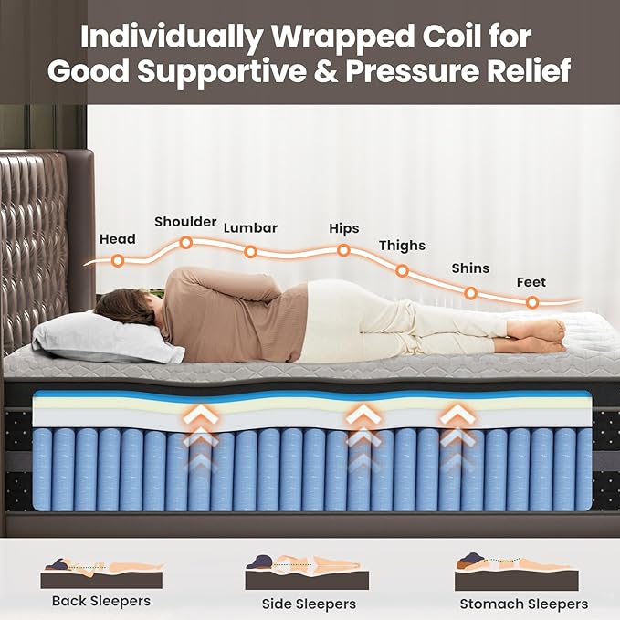 Firm Queen Mattress 14 Inch, Cooling Gel Hybrid Mattresses for Back Pain Relief Extra Lumbar Support Motion Isolation with 760+ Pocket Springs, Fiberglass-Free 365 Night Trial