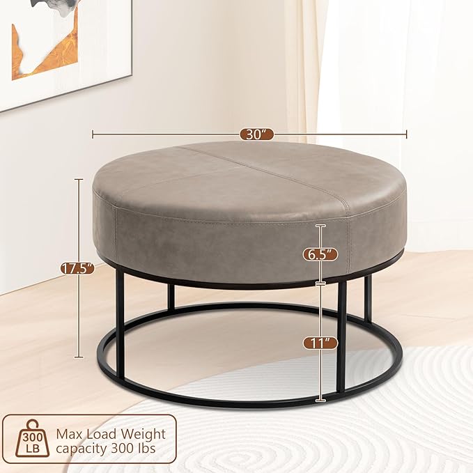 Modern Round Coffee Table, Farmhouse Ottoman Coffee Tables for Living Room, Large Vintage Leather Tables with Leather Upholstered Padded Seat [Round, Taupe, 30'']