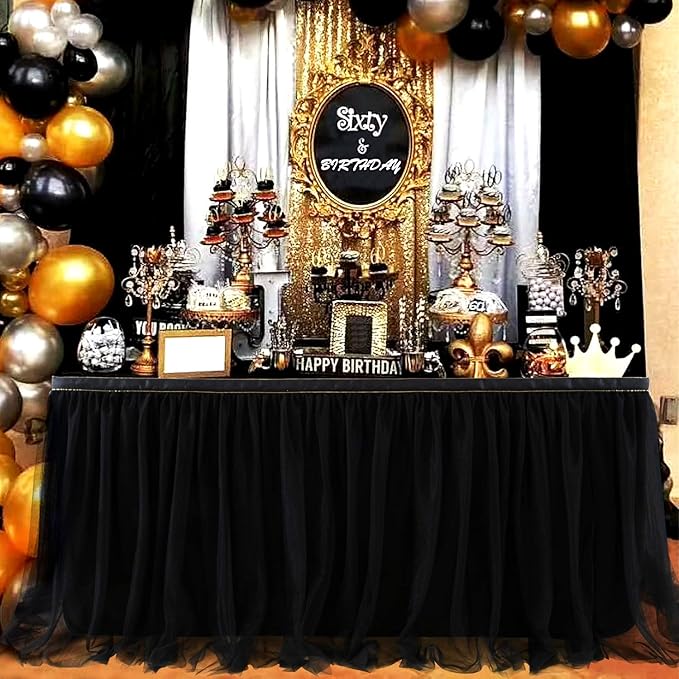 Suppromo Black Tulle Table Skirts for Birthday Party Hallowwen 6ft Ruffle Tutu Black Table Cloth for Rectangle Tables or Round Tables for Baby Shower Graduation Wedding Banquet Buffet Decoraitons