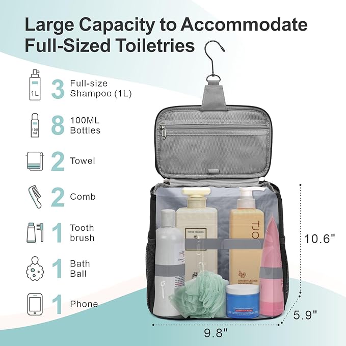 F-color Hanging Shower Caddy Portable - College Dorm Essentials for Guys with Hooks, Quick-Dry Shower Bag for Dorm Travel Gym Camping, Water-Resistant with Multiple Pockets, 2 Packs Black & Purple