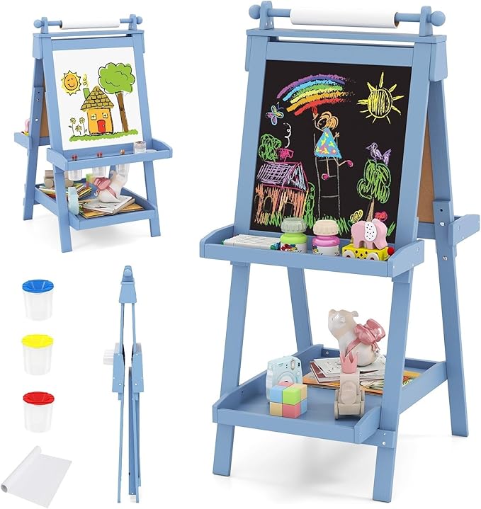 OLAKIDS Easel for Kids, 3 in 1 Adjustable Painting Art Board, Foldable Double-Sided Wooden Drawing Chalkboard Magnetic Whiteboard with Paper Roll, Storage Rack, Cups for Boy Girls (Blue)