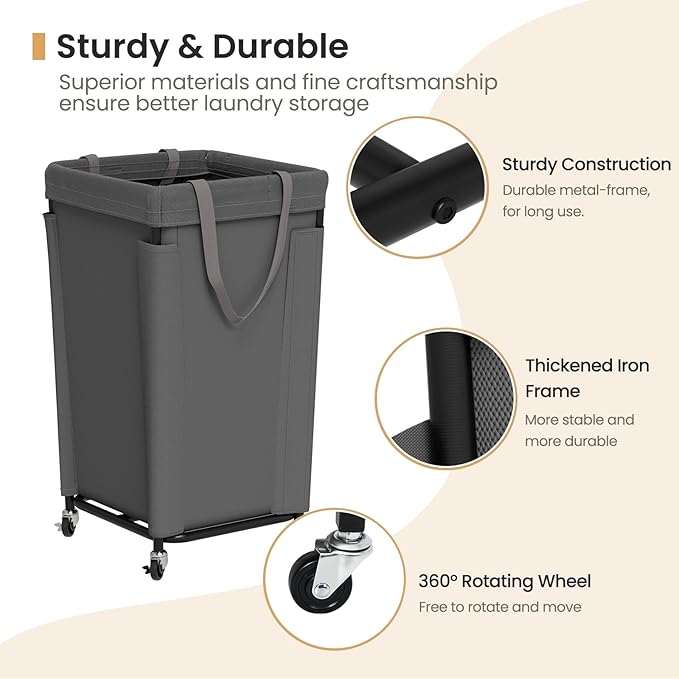Laundry Basket with Wheels, Laundry Hamper with Removable Bag and Steel Frame, 160L Rolling Dirty Clothes Basket for Bedroom, Bathroom, Laundry Room (Gray)