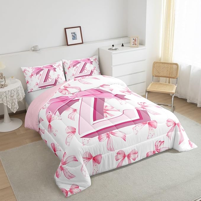 jejeloiu Kids Girls Cute Pink Bow Comforter Set Full Size Monogrammed Bedding Set Ultra Soft Personalized Initial Z Duvet Quilt Coquette Bow Knot Quilt Set Room Decor Modern Fashion Comforter