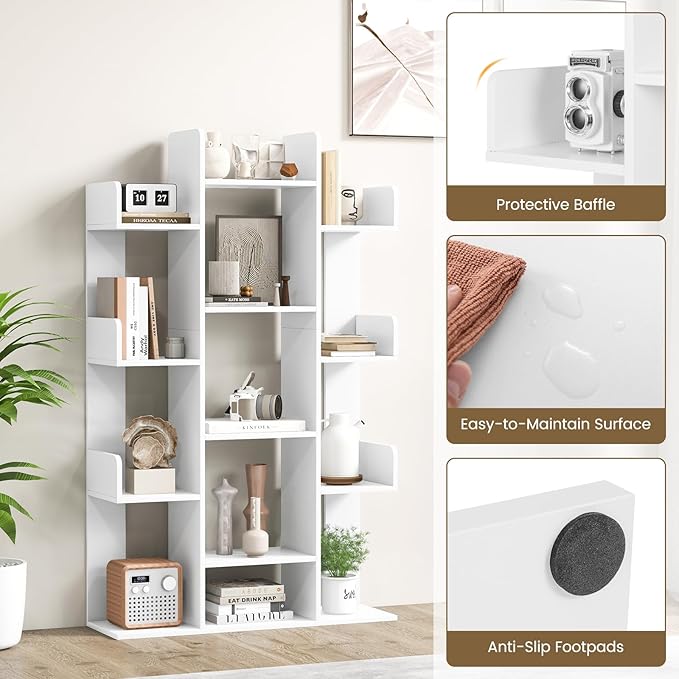 Tangkula White Tree Bookshelf, Freestanding Corner Storage Organizer with 13 Open Shelves, Decorative Display Cube Shelf for Living Room, Study, Office, 34 x 9.5 x 55.5 Inch (1, White)
