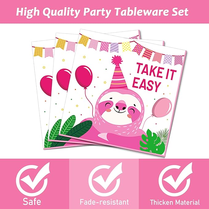 Wiooffen 96 Pcs Sloth Animal Party Plates Napkins Tableware Set Pink Sloth Themed Decoration Favors for Baby Shower Birthday Party, 24 Guests