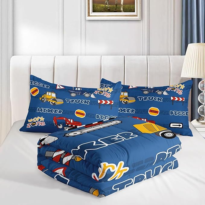 Kids Comforter Set Butterfly Printed Pattern Bedding Set with 1 Comforter and 2 Pillowcases for Girls Boys Bedroom All Season(Truck Full)
