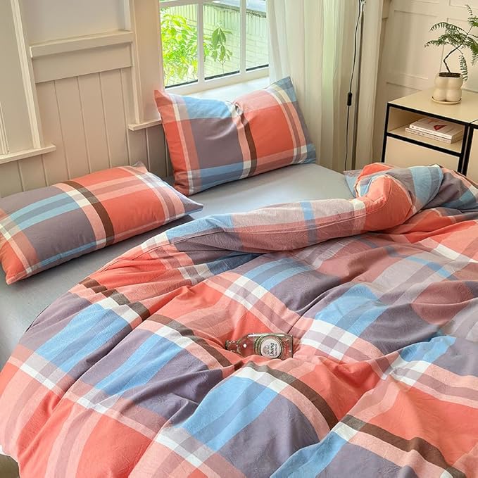 FACE TWO FACE Bedding Duvet Cover Set100% Washed Cotton Duvet Cover Linen Like Textured Breathable Durable Soft Comfy (Queen, Time Blue)