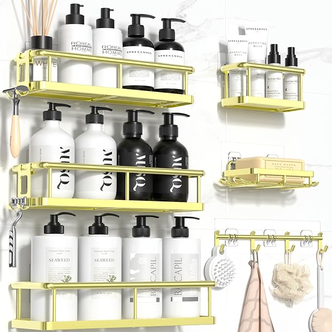 YASONIC Shower Caddy, 6 Pack Large Capacity Bath Organizer with Soap Holder and 12 Hooks, Rustproof Shower Shelves for Inside Shower, No Drilling&Sleek Bathroom Organizers and Storage Gold