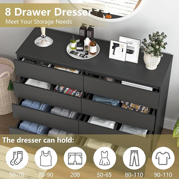 Black Dresser for Bedroom,Modern Large 8 Drawer Dresser with Deep Drawer,Wide Storage Chest of Drawer, Bedroom Storage Furniture,TV Stand for Living Room