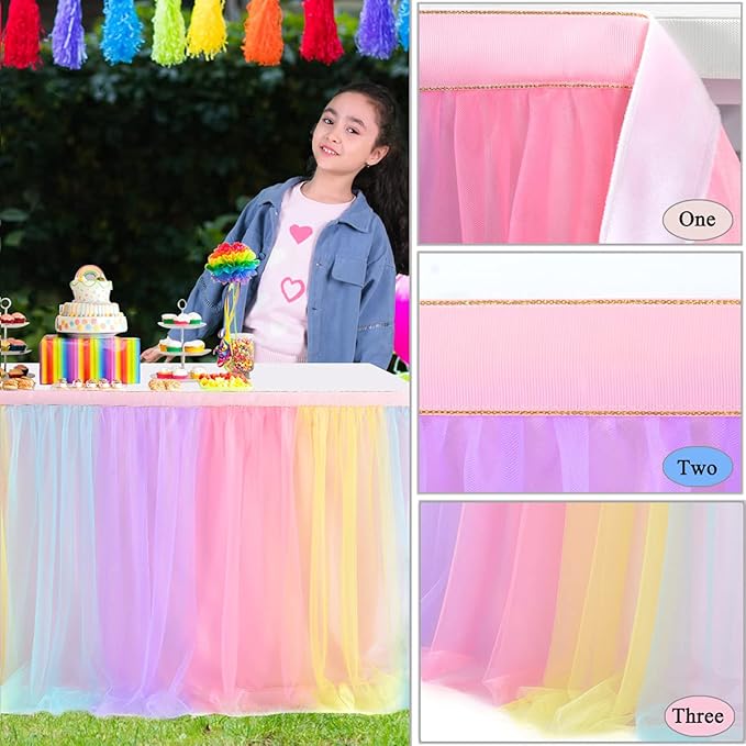 Suppromo 2 Pack 6ft Rainbow Table Skirt for Birthday Party Tulle Tutu Table Skirt for Baby Shower Girl Boy Gender Reveal Rainbow Tablecloth for Unicorn Party Decorations