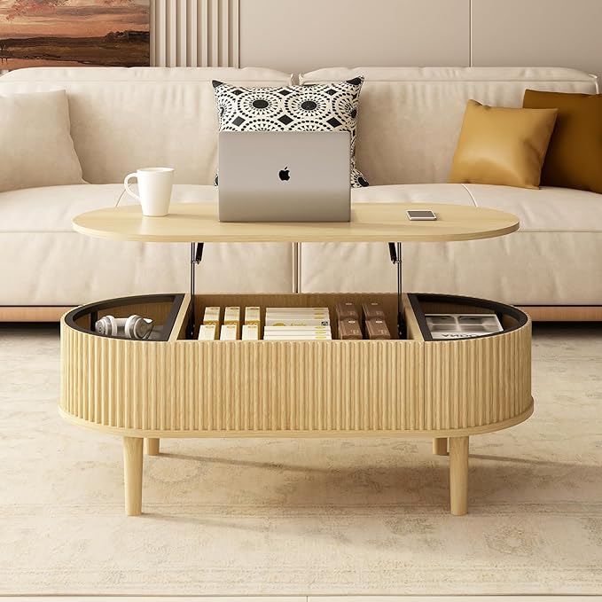 Ludatido 39 Inch Lift Top Coffee Table with 3 Storage for Living Room, Oval Coffee Table with Hidden Compartment, Fully Wooden Center Easy to Assembled for Home Living Room Office Burlywood