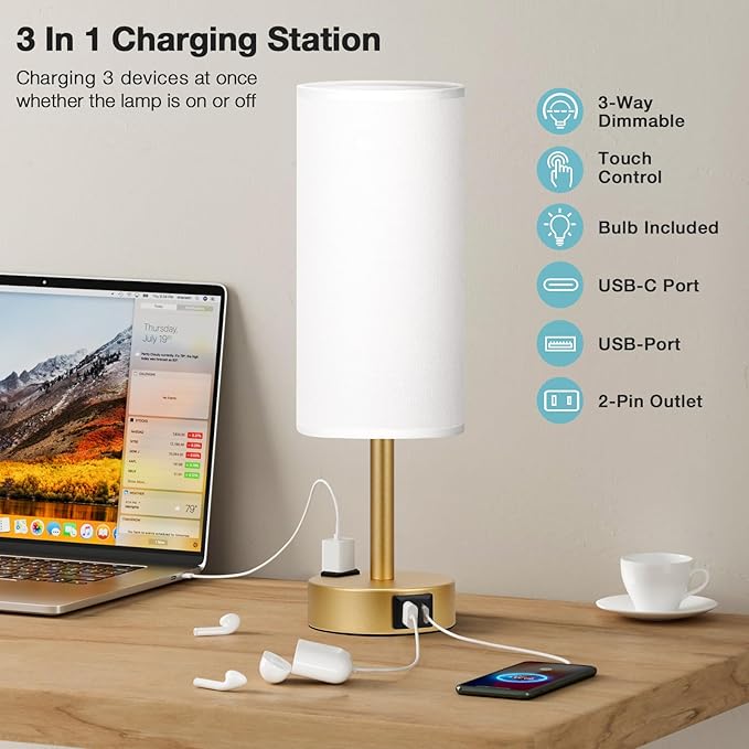 Gold Touch Lamp for Bedroom- 3 Way Dimmable Bedside Lamp USB C A Charging Ports and AC Outlet, Small Table Lamp White Linen Lampshade for Gift, LED Bulb Included