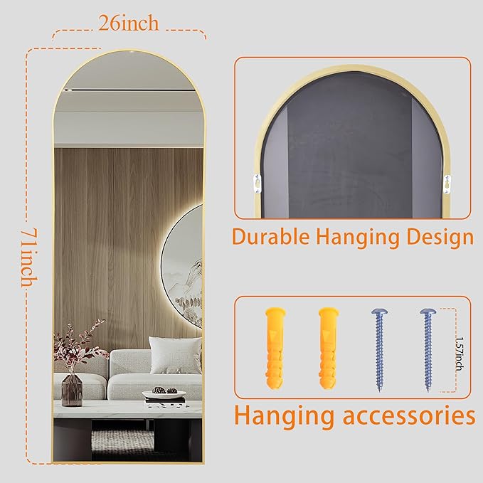 nanoglass Arch Mirror Full Length,Gold Mirror Full Length 71"x26",Standing Mirrors Full Body Mirrors for Bedroom,Large Mirror(Gold)