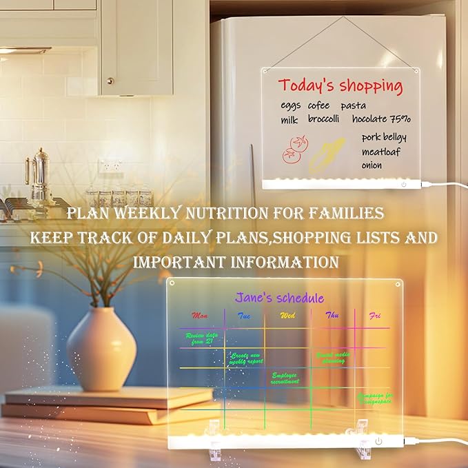 Acrylic Dry Erase Board with LED Light -11.8"x8.5" Clear Glowing Memo,Brightness Level Adjustment,12 Color Markers, Ideal for Office/Home/Kids (Standard Edition)