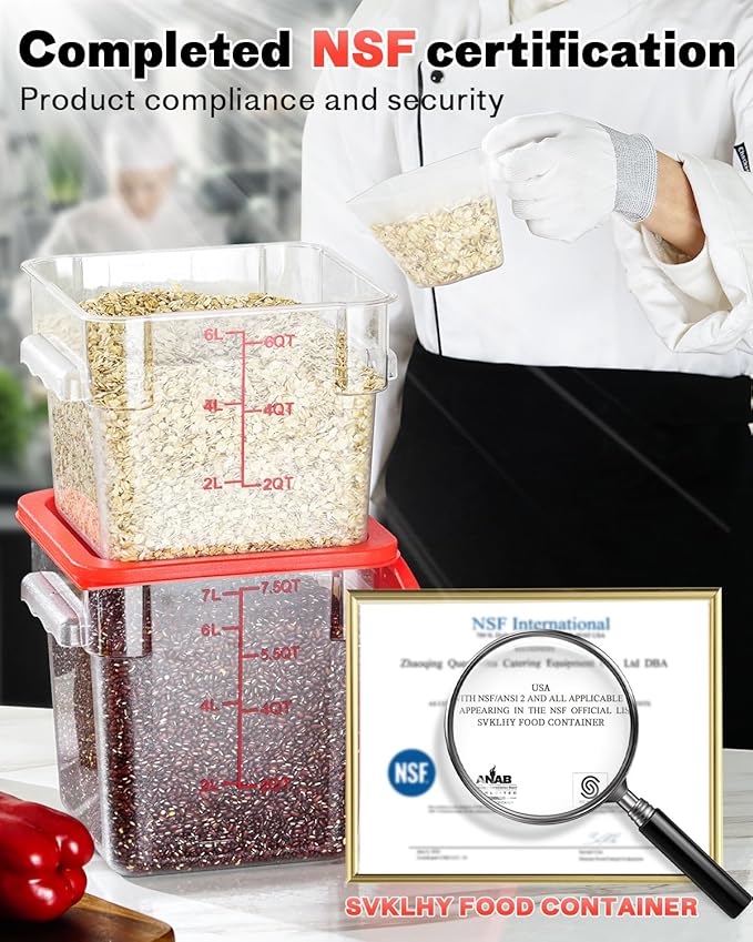 2QT NSF Food Storage Containers: 6 PCS [Food Grade][Hot&Cold Resistant] Commercial Clear Square Food Storage Containers with Scales Handles for Home Restaurant Kitchen Proof Dough(BPA FREE)