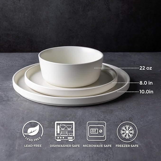 AmorArc Ceramic Dinnerware Sets of 6, Modern Flat Stoneware Plates and Bowls Sets,Chip and Crack Resistant | Dishwasher & Microwave Safe Dishes Set,Scratch Resistant- Service for 6 (18pc)-Matte Cream