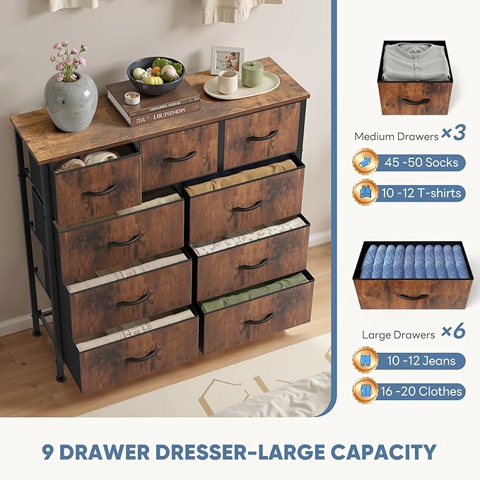 DUMOS 9 Drawer Dresser for Bedroom, Fabric Storage Organizer with Sturdy Metal Frame, Wooden Top Chest of Drawers for Closet Nursery Entryway Guest Room,Cocoa Brown