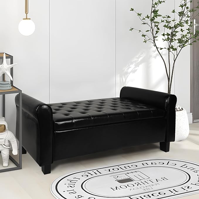 Storage Ottoman Bench with Arms, End of Bed Bench for Bedroom, Button Tufted for Entryway, Living Room,Hallway, Foot Rest (Black)