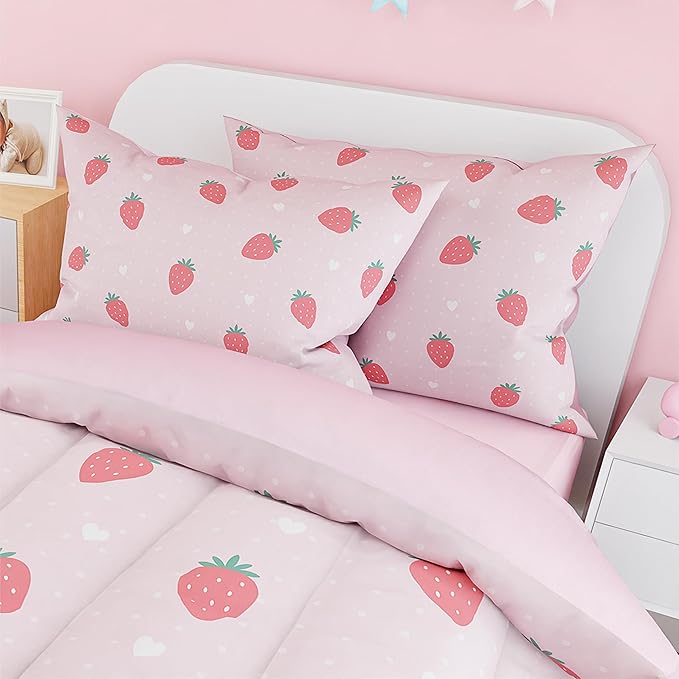 SANDJEST Strawberry Duvet Cover Sets Full Size for Kids Girls, Incude 1 Polyester Comforter Cover 80x90 Inches and 2 Pillowcases 20x26 Inches, Comforter Not Included, Gift for Christmas Birthday