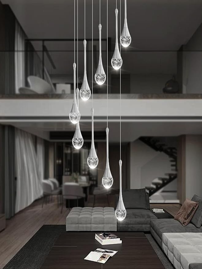 9-Lights H100'' Modern Chandelier 9-Lights Silver Foyer Entrance Chandeliers High Ceiling Chandelier LED Dimmable 2700-6000K Fixtures