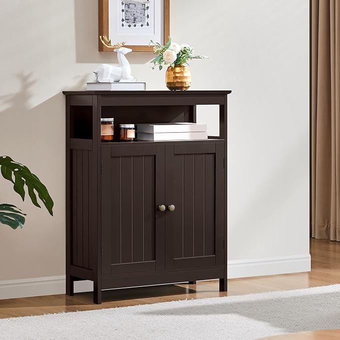 Yaheetech Bathroom Floor Storage Cabinet, Wooden Free Standing Storage Organizer with 2 Doors & Adjustable Shelf for Living Room, Hallway, Espresso