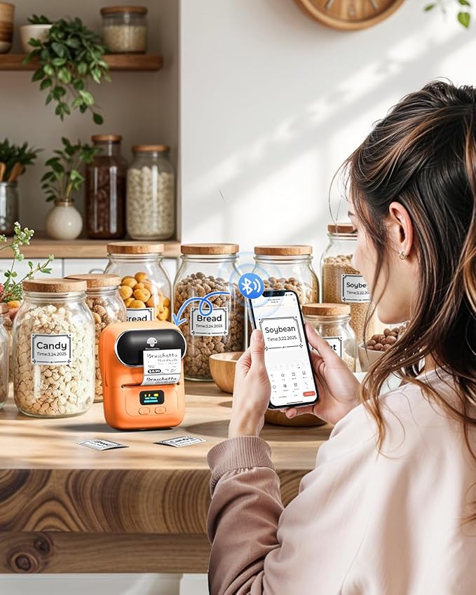 Phomemo Barcode Printer - M110 Label Maker Machine Wireless Bluetooth Themal Label Printer for Small Business, School, Barcode, Address, Jewelry, Clothing, Organizing, Orange