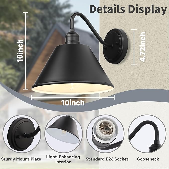 10 Inch Gooseneck Outdoor Light Fixtures, Outdoor Wall Sconces, Farmhouse Barn Light, Matte Black Wall Light Fixture, Waterproof & Anti-Rust, for Porch, Garage, Patio, Garden, 2-Pack